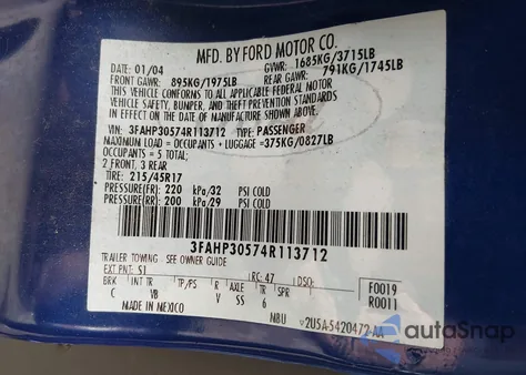 2004 Ford Focus Zx5 from USA, damaged, VIN 3FAHP30574R113712